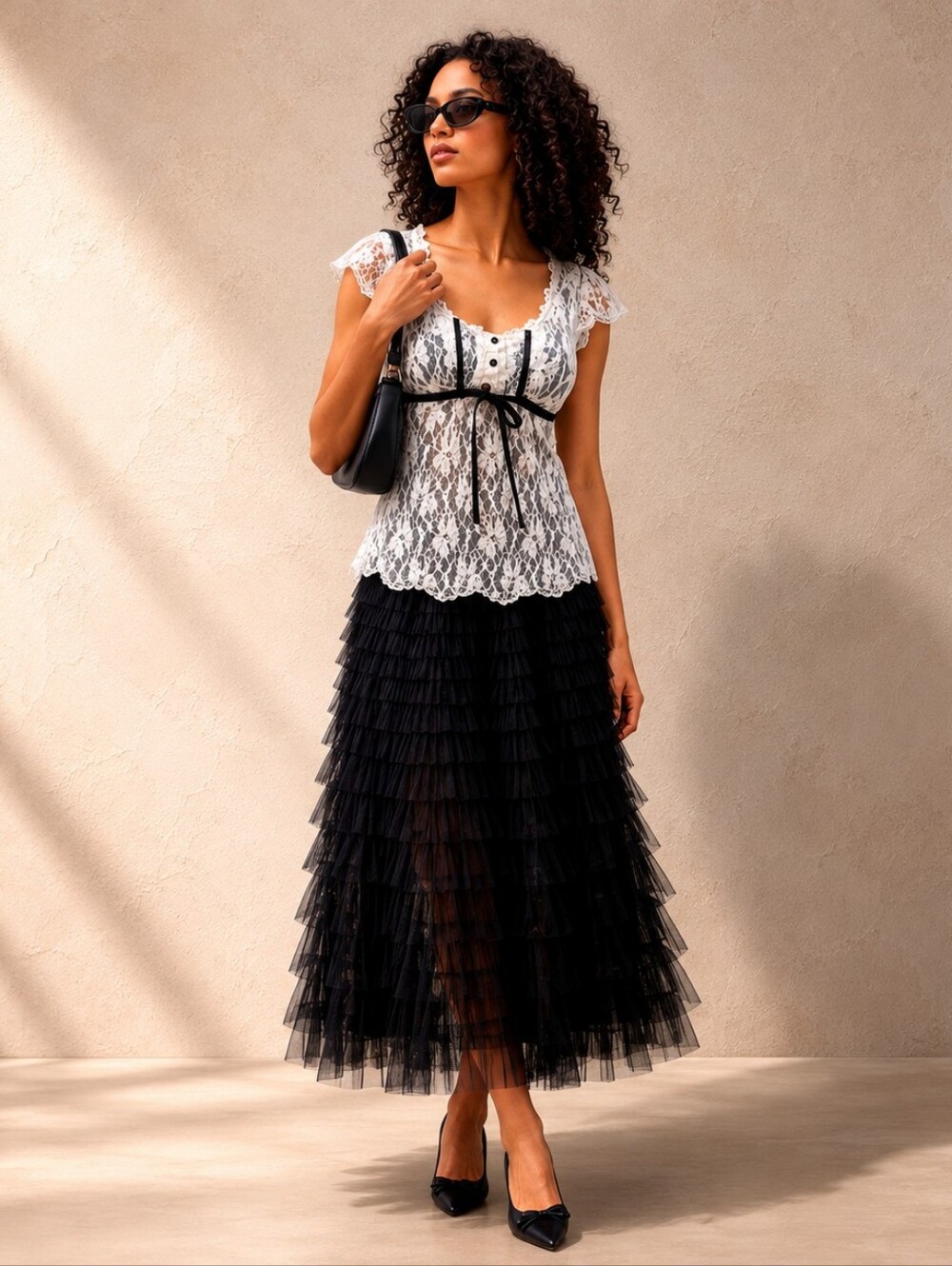 Vintage 90s Y2K Beige Lace Top Size M Black Ribbon Sheer Ruffle Gothic Romantic